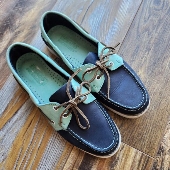 Sebago Docksids Women's US8.5M Spinnaker Boat Shoes Slip-On Leather Navy Mint - Picture 1 of 12